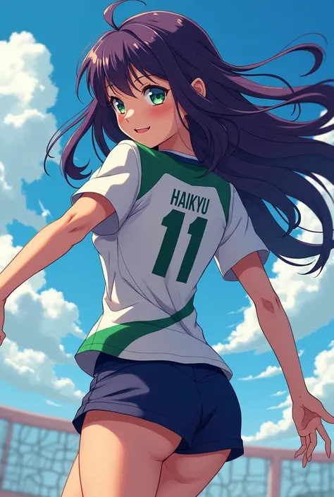 Create a haikyu-style girl character, long dark purple hair ,  green eyes,that has freckles, Who wears the Haikyu teams uniform with the number 11