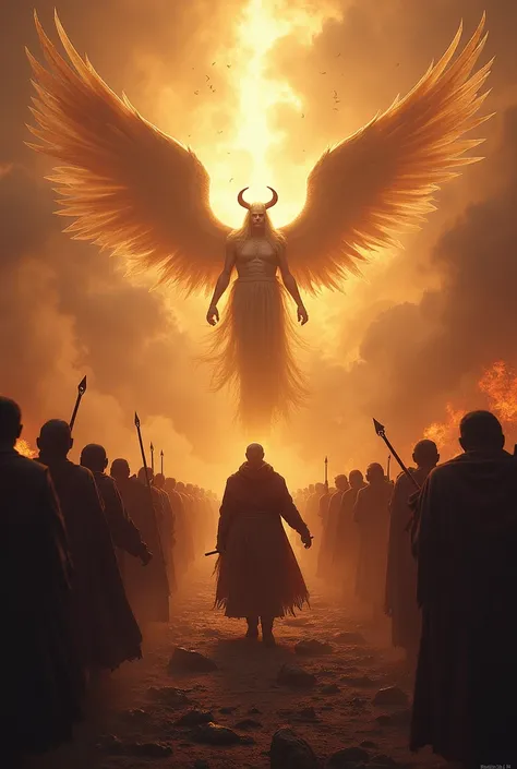 " An epic landscape where luminous angels fight against dark and demonic figures. Satan, in the center, he leads his hosts with a challenging face ,  while the divine light from heaven marks the contrast between good and evil ."