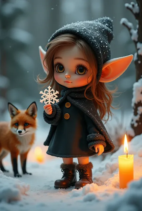  Little elf in black dress 
Short black cape over
Winterboots 
brown eyes, brown hair 
A snowflake in the hand 
candles 
Fox 