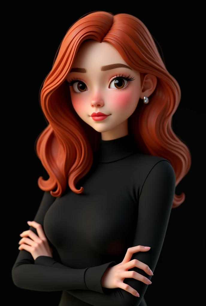 Pixar 3d woman 20 years old long red hair wavy pink cheek,  standing from the waist up ,  black eyes ,  small breast flat black long sleeve high collar shirt, crossed arms black background.