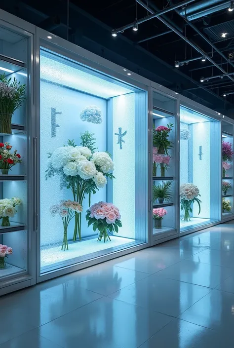  A radically futuristic modular cooling system ,  designed specifically to be integrated into the production chain of a flower shop .  This cold room occupies a large space of approximately 20m² ,  and is composed of interconnected modules that form a cont...