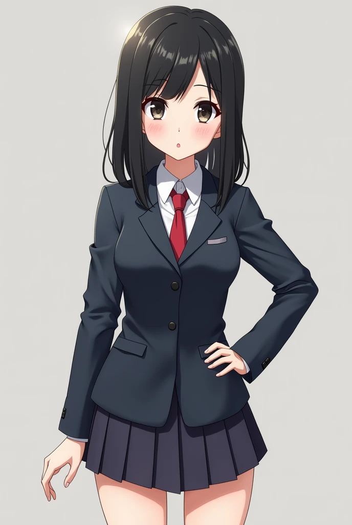 A photo of an anime girl in school clothes but tight fitting who has black hair and bangs