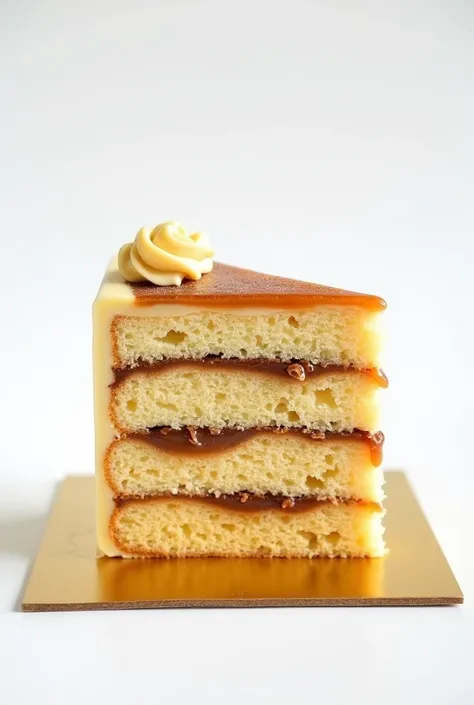 Multi-layer artisanal cake with arequipe filling on a flat golden base and a white background 