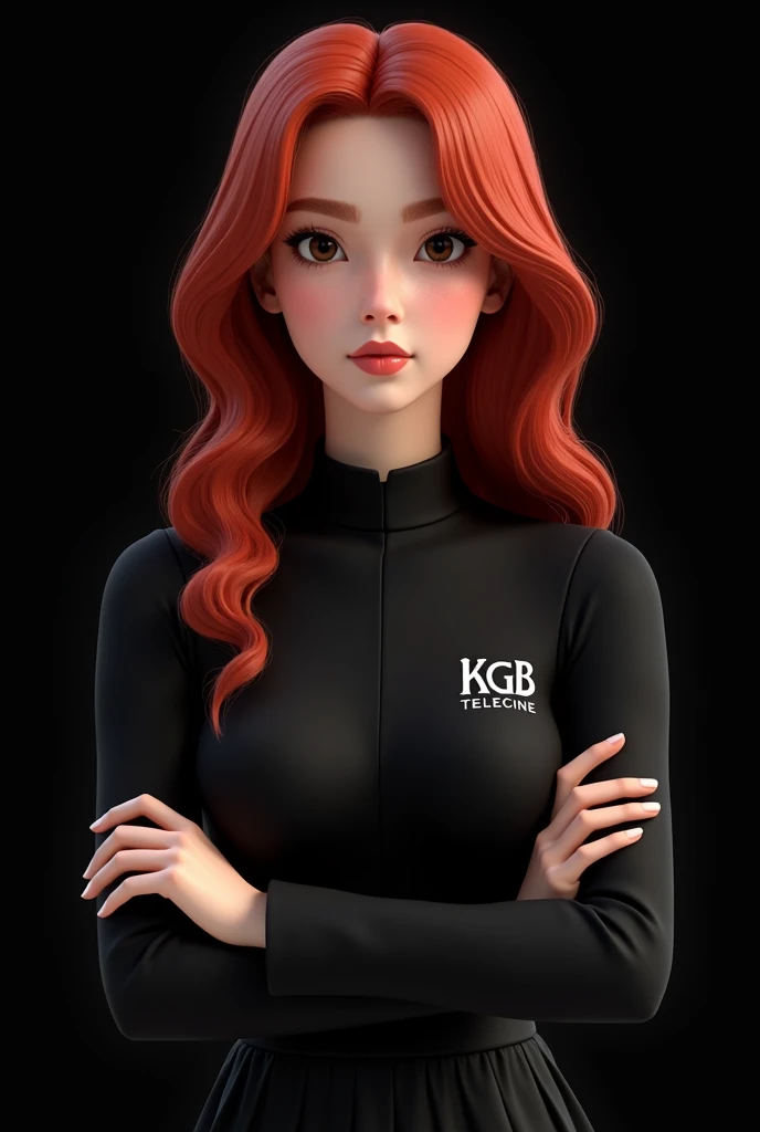 Pixar 3d woman 20 years old long red hair wavy pink cheek,  standing from the waist up ,  black eyes ,  small breast flat black long sleeve high collar shirt, crossed arms black background written on the right chest the small name KGB TELECINE 