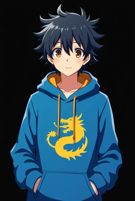 An anime  wearing a blue hoodie with a yellow dragon in the middle , on a black background ,  glasses with wavy black hair , mens brown eyes , without glasses 