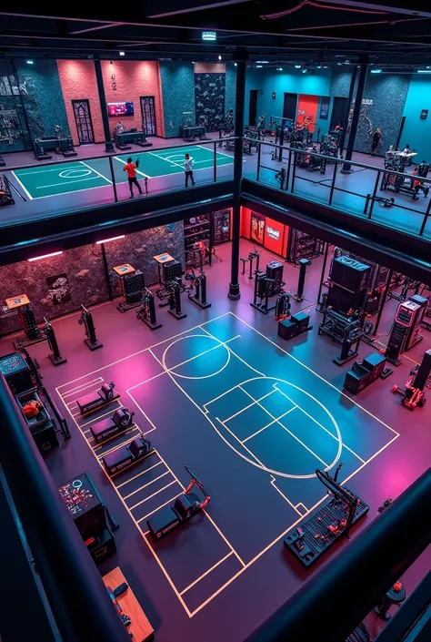 A two floored gym. The colour scheme is black with multi-coloured neon lights. There is a rock-climbing wall. There is a cross fit area and turf zone on the first floor. The second floor has a balcony overlooking the first floor. There is gym equipment for...