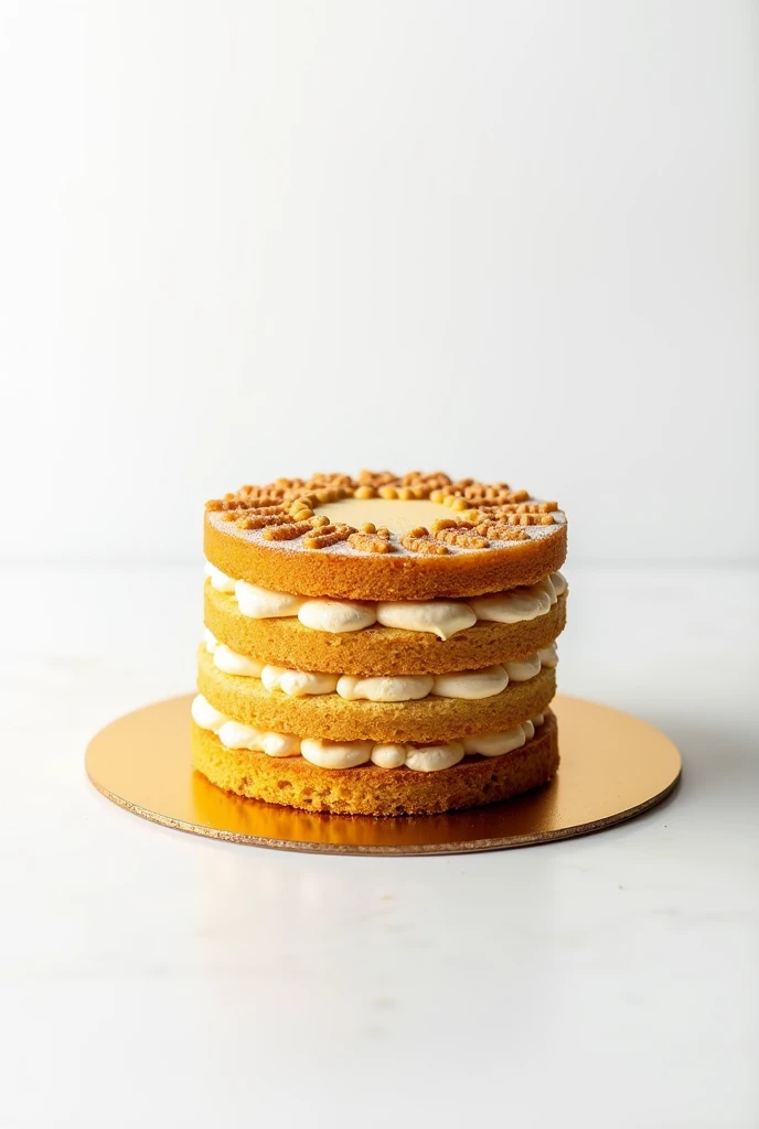 Multi-layer artisanal cake with arequipe filling on a flat golden base and a white background 