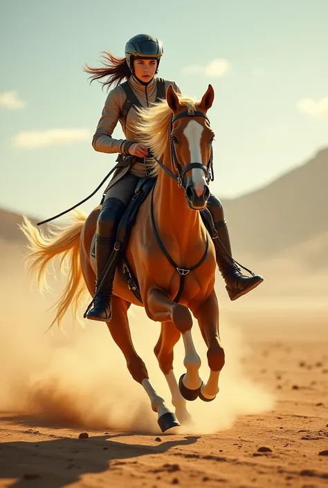 A rider in full gear gallops across a wide plain on a shiny golden Akhal-Teke.

