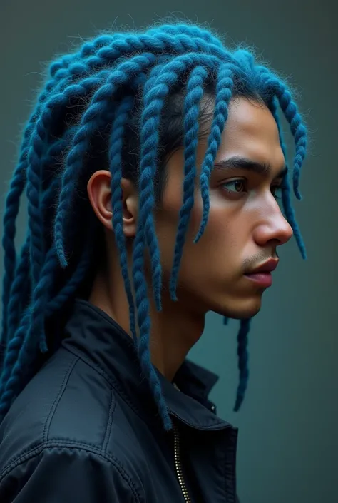 A side profile of a 17-year-old white Brazilian teen with long blue dreads. He has sharp features and a prominent Roman (hawk-like) nose, full lips, and a convex chin. His face structure is similar to Chester Bennington’s — strong, with high cheekbones and...