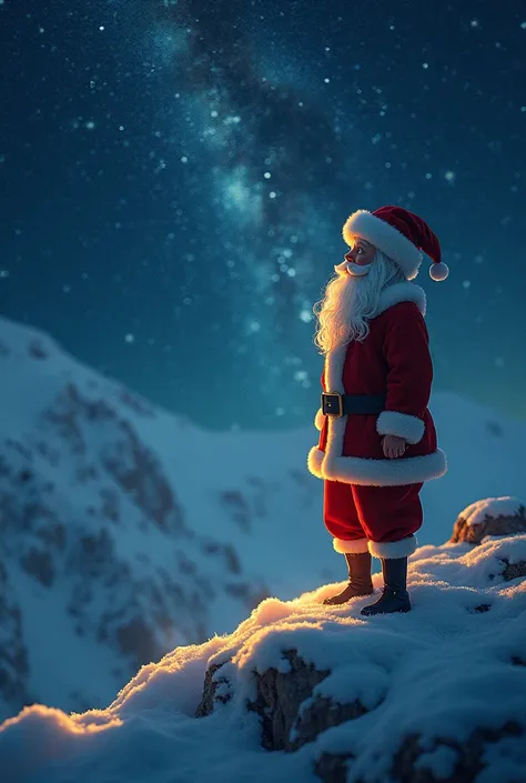 Shanta Claus representing the idea of Wonder, standing at the edge of a breathtaking, starry night sky, with a look of awe and curiosity on his face