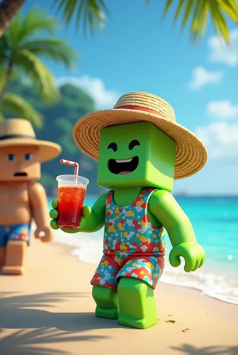 De slime de Minecraft en maillot de bain qui boivent un soda sur une plage du Costa Rica avec des chapeaux de paille