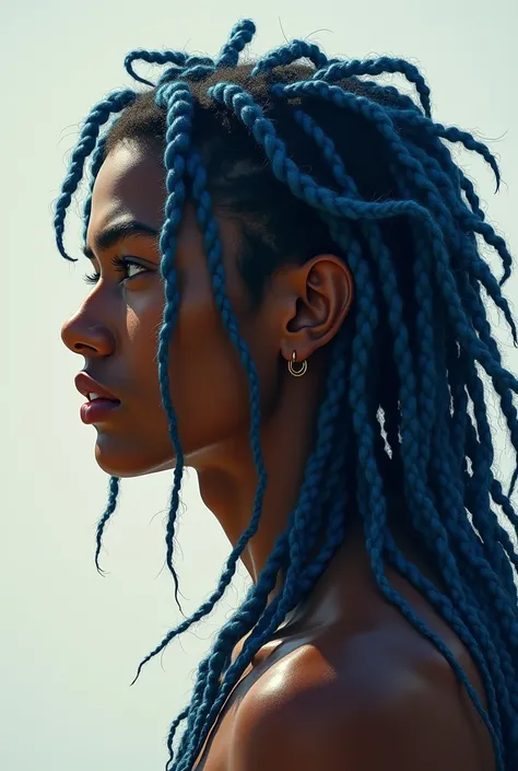 A side profile of a 17-year-old white Brazilian teen with long, flowing blue dreads that cascade past his shoulders. His face is striking with sharp, angular features — a prominent, well-defined nose that adds a bold edge to his face, yet its uniqueness gi...