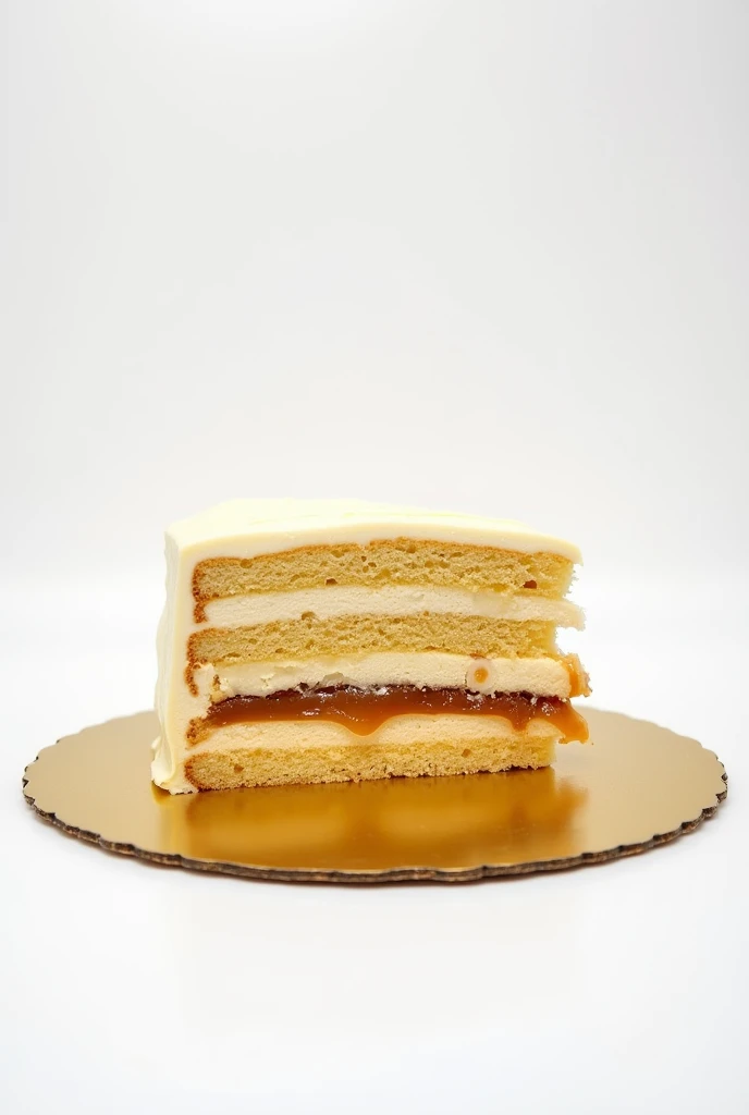 Homemade multi-layer cake with arequipe filling on a flat golden base and a white background 