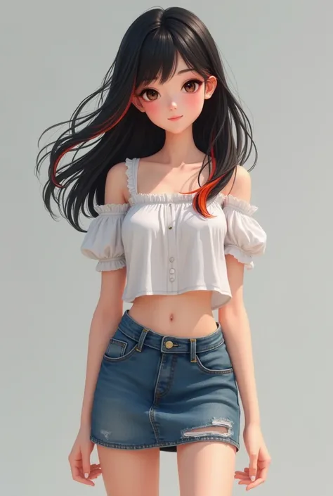 A girl of 1,65 meters high, black hair with red-orange highlights on the front,  dark brown eyes , white, com uma blusa curta e white, denim skirt,  thin with small tits and ass  