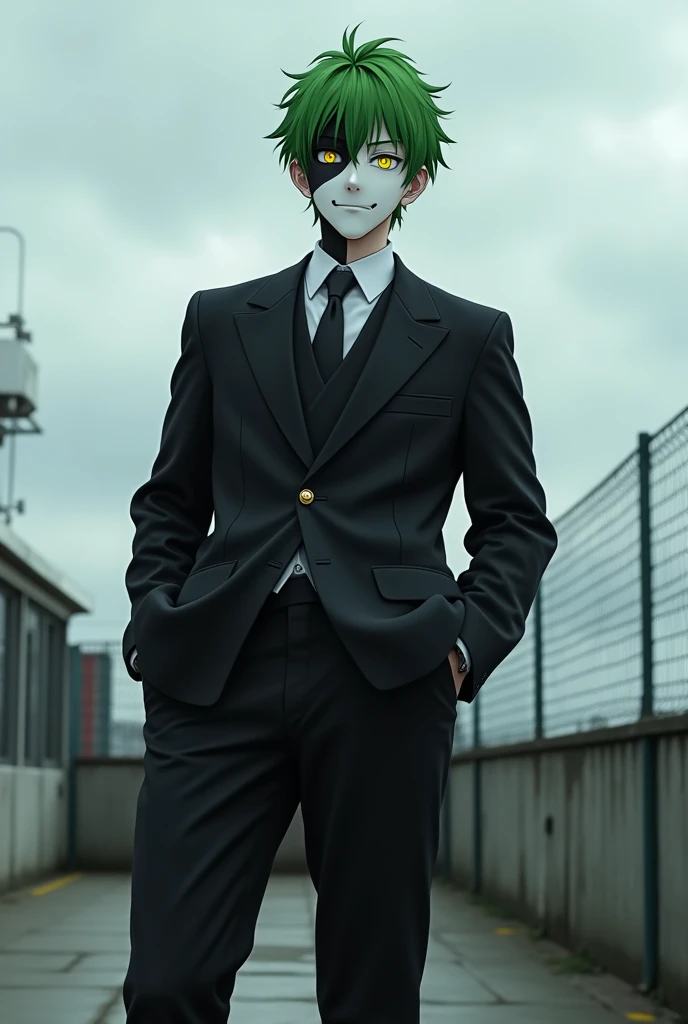 Very realistic,Japanese male, 20 years old,Has a green hair style like Roronoa Zoro,Black alma mater with Stand collar,Gold buttons, black formal trousers,White sports shoes,(Having facial skin that is Divided by the center line half white and half black),...