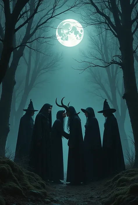 Witches standing in a line and the first one in the line kissing satan in his butt. Its night in a dark forest under a full moon. Masterpiece, Best Quality, Super Detailed, Award Winning, Accurate, 