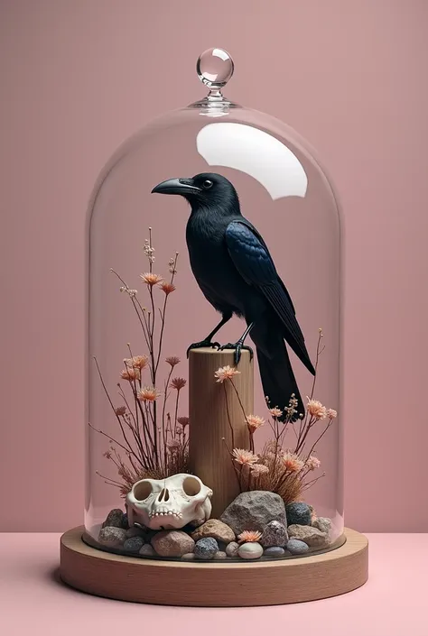  makes me a glass dome with dried flowers , A crow skull and crystals ,  everything inside on a clean and zen background in a meditative tone, Dark pink background