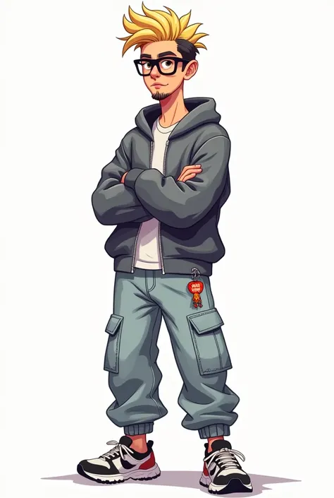 "Create a professional 2D vector illustration in a modern cartoon style, focusing on vibrant colors, bold outlines, and fine details. The character is a slim, slightly lanky young man with messy, short, dyed blonde hair featuring visible dark roots. His ha...