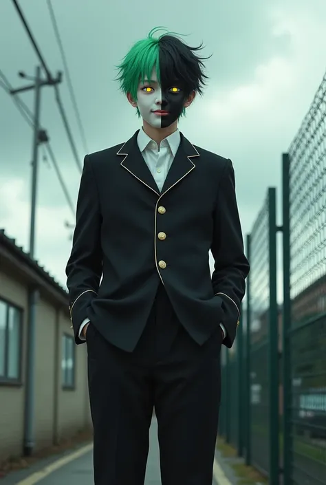 Very realistic,Japanese male, 20 years old,Has a green hair style like Roronoa Zoro from one piece,Black alma mater with Stand collar,Gold buttons, black formal trousers,White sports shoes,(Having facial skin that is Divided by the center line half white a...