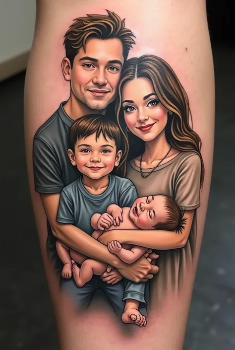  A tattoo that reflects the husband , wife, a son over  ,  a daughter  and a son 4 months old
