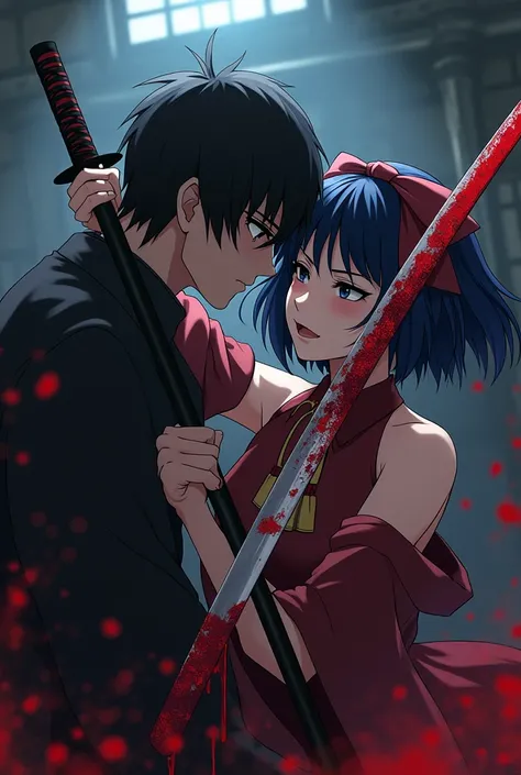 Anime girl with bloody katana
And he holds a blade near another mans throat