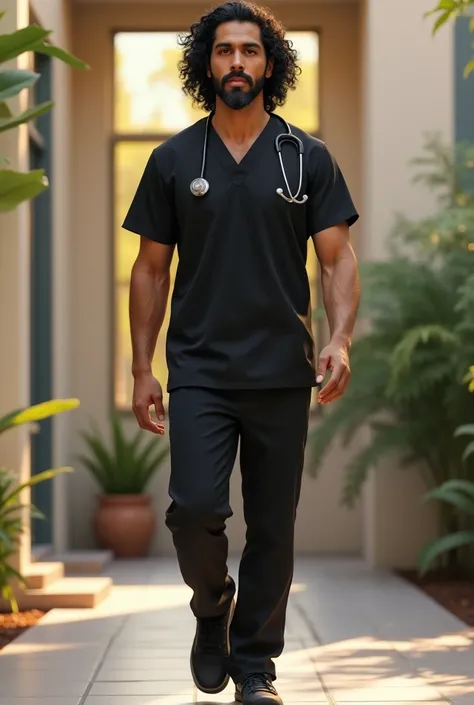 (photorealism:1.2), male middle age, young looking doctor, latino ethnicity, black and long curly hair, black and gray faded beard, athletic fit body, frontal full view, standing up position, relaxed and confident walking pose, wearing a black medical scru...