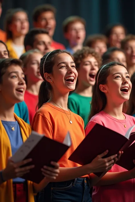 Youth and adult choir with colored uniform with sheet music in their hands , All smiling