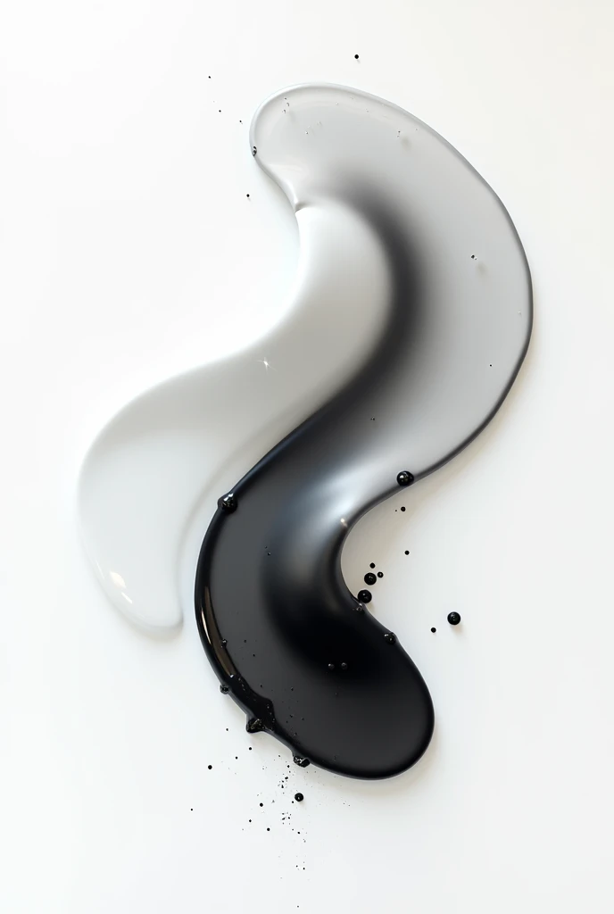 A black translucent , translucent white  ,  on a white wall . With splashes ,  and Reflexes .  Following the same direction ,   From left to right , gradually decreasing . 

 it has a liquid texture. 