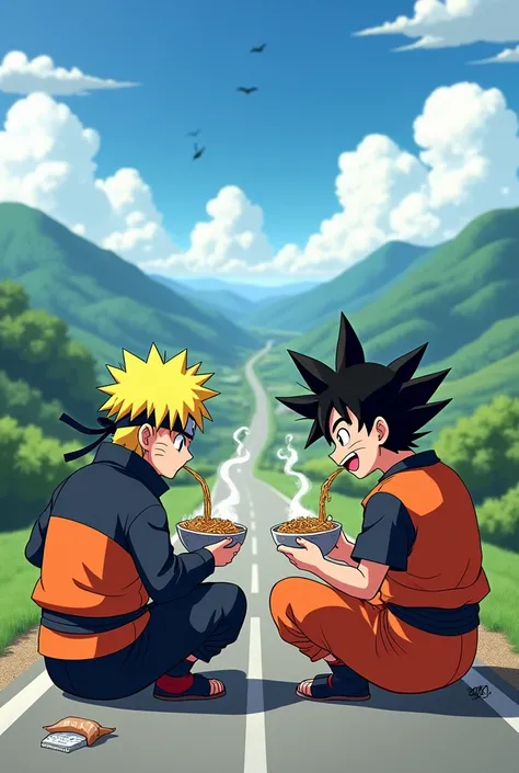 Naruto and son goku eat noodles together on the side of the road