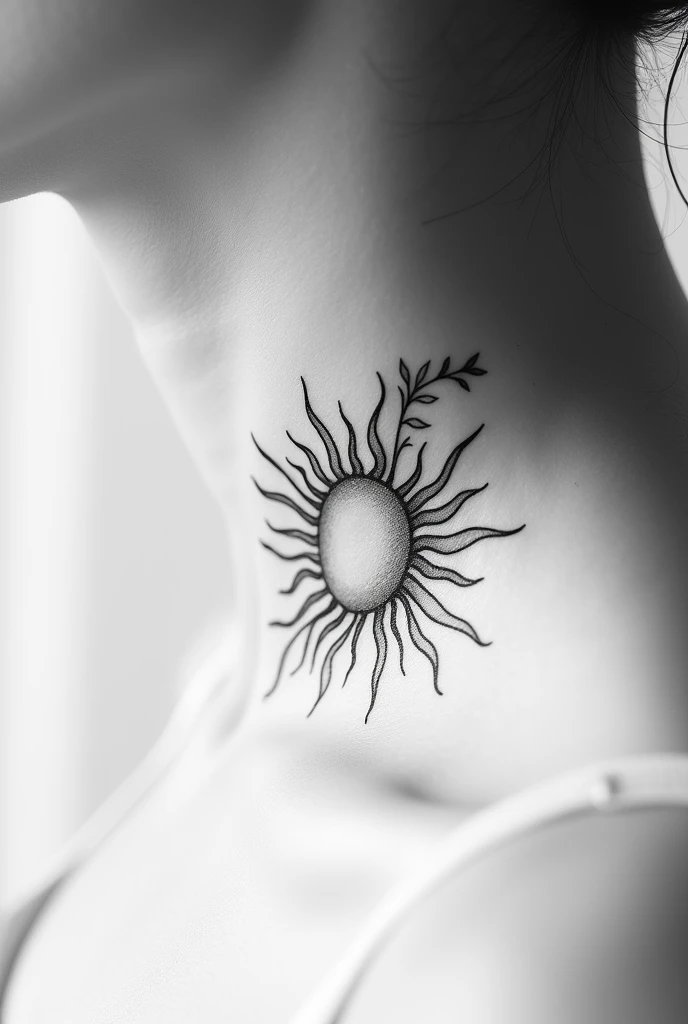 Create a discreet black and white sun tattoo with flowers on the side of the neck smaller
The suns rays should be wavy, few in number.