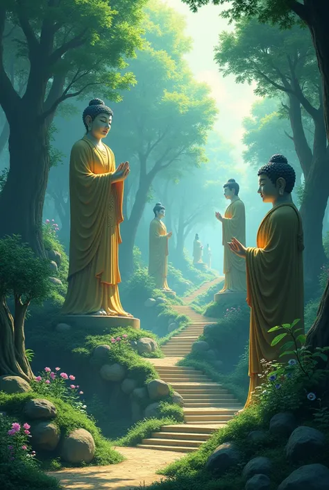 surreal anime place with elements of Buddhist statues, forest, stairs. Anime drama style (Mamoru Hosoda, Makoto Shinkai)