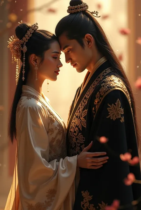 A cute and pretty girl in red Chinese traditional attire standing gracefully in an intimate pose with a handsome prince, well-built, long hair, black and gold Chinese traditional attire, accident setting, face facing the camera, face view