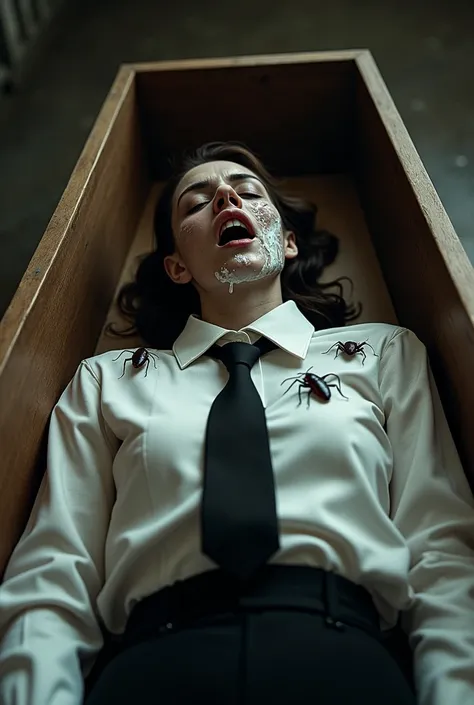  A dead woman dressed in a white shirt and black tie and skirt lies in a coffin. Foam comes out of his mouth. There are cockroaches all over his face and shirt.