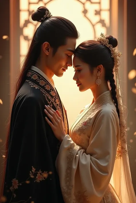 A cute and pretty girl in red Chinese traditional attire standing gracefully in an intimate pose with a handsome prince, well-built, long hair, black and gold Chinese traditional attire, accident setting, face facing the camera, face view