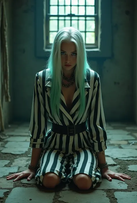 "prompt": "A scene showing a beautiful white-haired woman with aqua-green spikes wearing long-striped prisoner uniforms from the wizarding Azkaban prison. She is barefoot. Her hands, neck, and legs are bound with chains. She is kneeling on the ground and h...