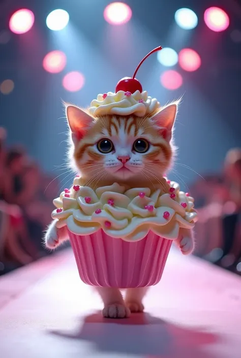 Cutest tiny cat in cupcake costume is walking a Fashion Show 