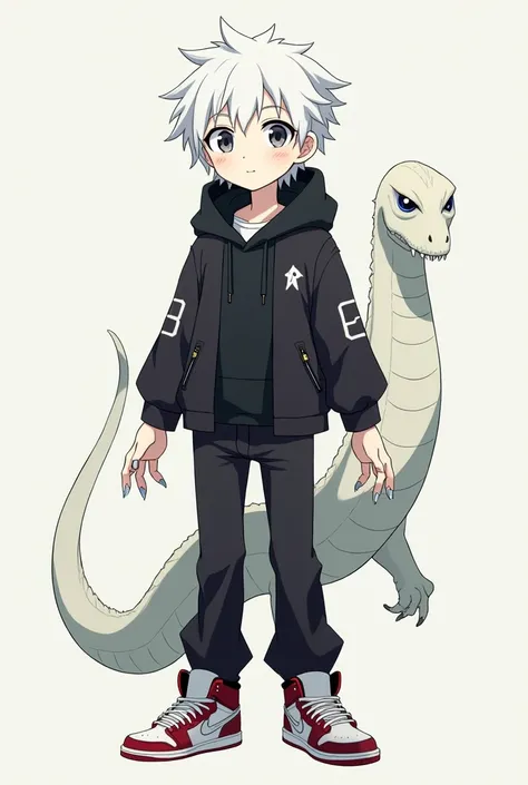 Clover is a 14-year-old monster boy with light white skin,snow-white hair with two red touches on each side of her short hair, eyes with black sclera and gray iris and pupil and a mouth with small, affiliated teeth, she was wearing a black jacket with a bl...