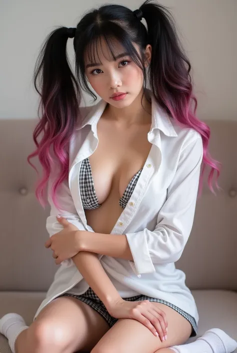 Photo, 8K, girl,  Body:  very thin ,  perfect breasts ,  completely uncovered. Posing sexy with open legs. Views with:  open white shirt ,  unbuttoned buttons . Very short skirt with checks.  white socks . Hairstyle: Wavy black hair with PINK dyed tips.,  ...