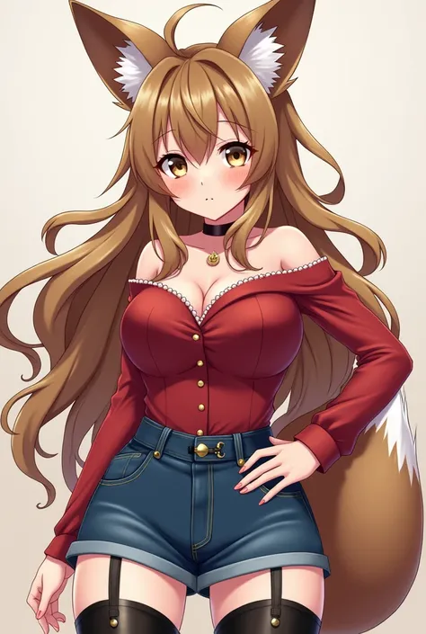 Depict an anime fox girl (kitsune) drawn in anime art style, who has striking greyish breon eyes, her hair is a shade of a very dark brown, cascading down to her collarbone in glossy waves. She is wearing a ravishing autumn red, silk, off-the-shoulder blou...