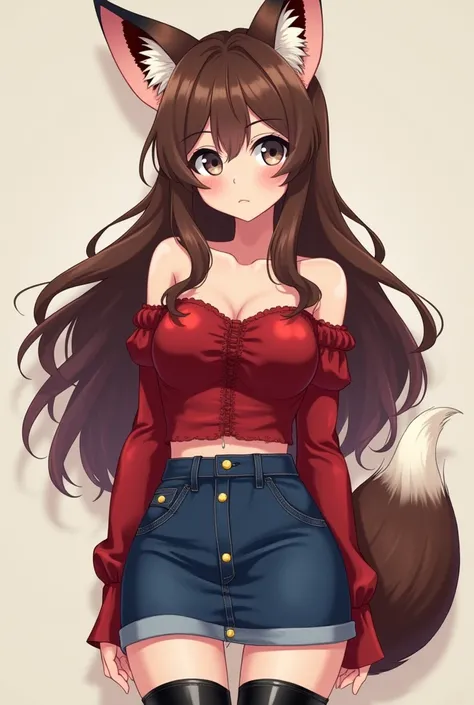 Depict an anime fox girl (kitsune) drawn in anime art style, who has striking greyish breon eyes, her hair is a shade of a very dark brown, cascading down to her collarbone in glossy waves. She is wearing a ravishing autumn red, silk, off-the-shoulder blou...