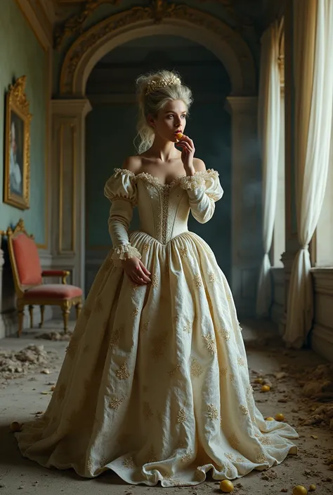 Surprised Marie Antoinette in very long ball reaching till the floor in an abandoned palace eating a fruit