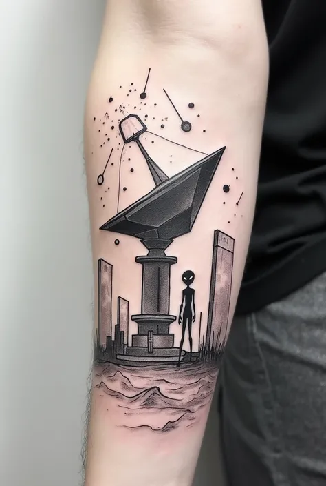  Create a realistic forearm tattoo .  In this image in very simple drawings ,  extremely simple ,  create black and gray lines . Scribble the shadow of an Alien standing next to a large radio telescope shaped like a giant icosahedron.
Also draw large recta...