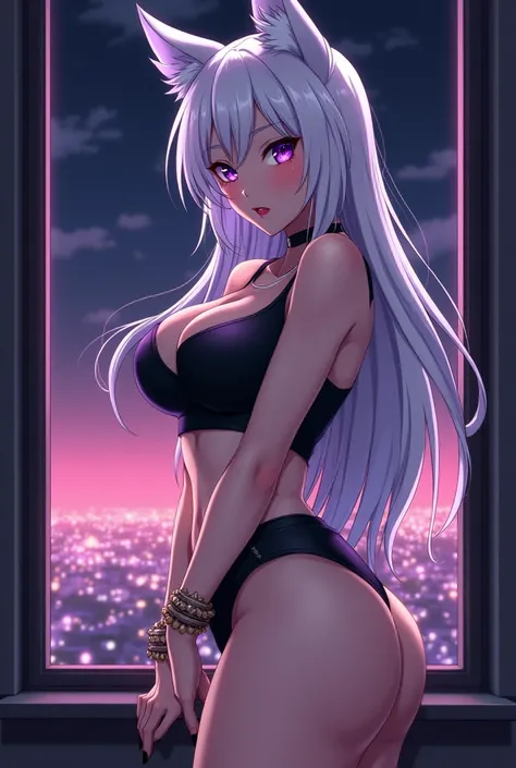 Best quality, High accuracy, Great job, precise, High resolution, sexy mature anime woman, masterpiece, best quality, big breasts, perfect hair, long white hair, street clothes, white fox ears, limited color, thighs, purple eyes, seductive, minimal color (...