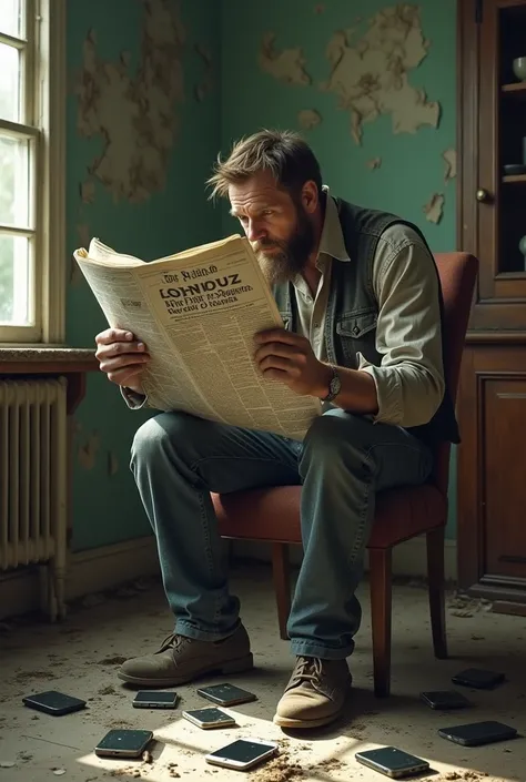 A filthy guy eats a newspaper, sitting in a dining room , he has cellphones around him  