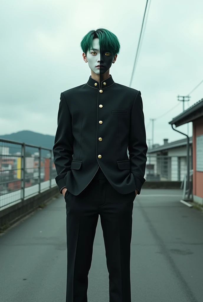 Very realistic,Japanese male, 20 years old,Green Neat voluminous very short hair,Black alma mater with Stand collar,Gold buttons, black formal trousers,White sports shoes,(Having facial skin that is Divided by the center line half white and half black),Hav...