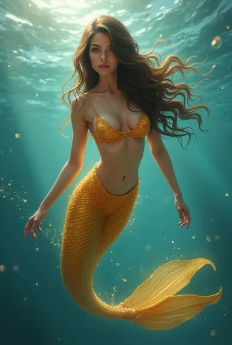 Kristin Kreuk as a mermaid with golden amber tail and top