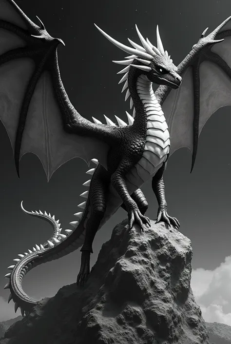 Black and white dragon standing in space on top of a rock 