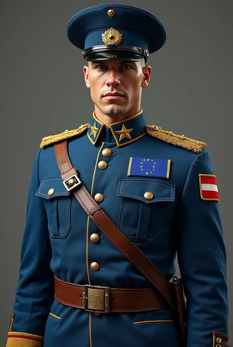 A soldier of the EU army. The uniform is blue with gold details and brown leather. The cap has the EU stars on the front. The soldier has the EU flag on the right shoulder