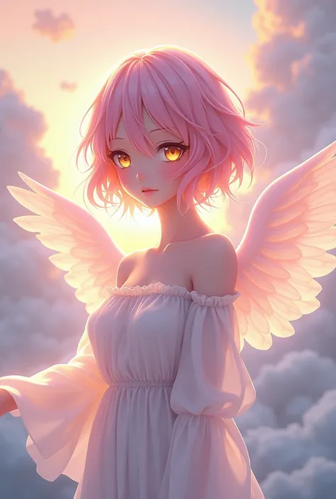 an androgynous anime angel character with pink and wavy hair. with yellow eyes