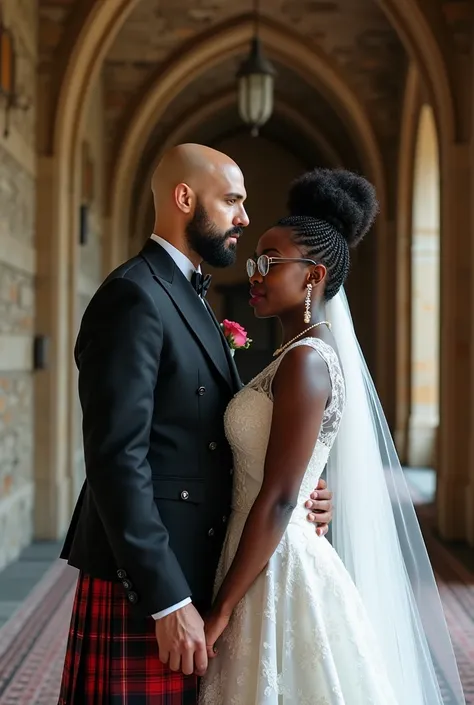 A wedding in a scottish castle, the man is scottish, bald with a dark coloured short beard and wearing a kilt, with a stunningly beautiful african bride wearing spectacles and is a short beautiful and curvy african woman with braided hair, wide-angle shot,...